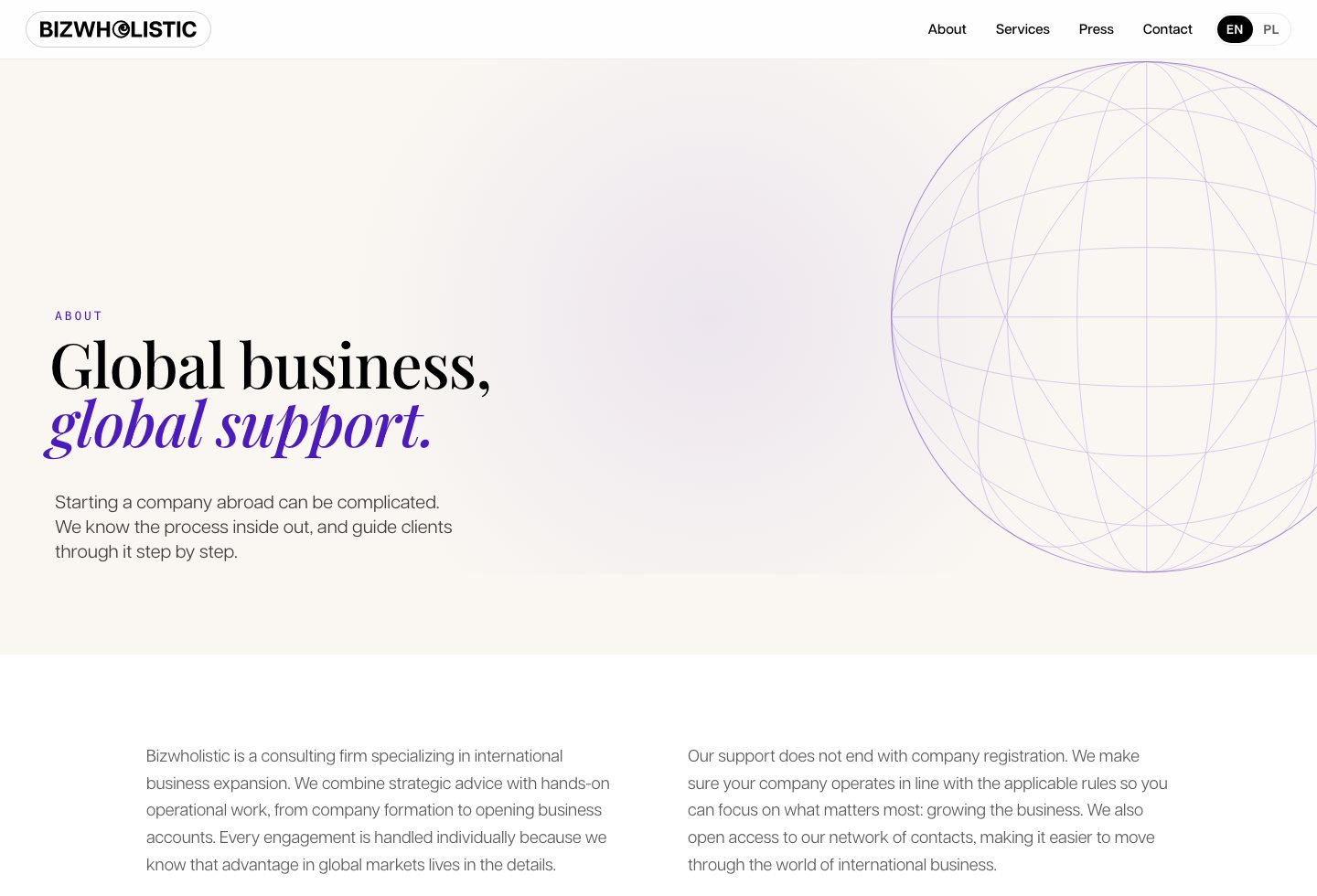 Bizwholistic about page screenshot showing business context and brand rhythm.