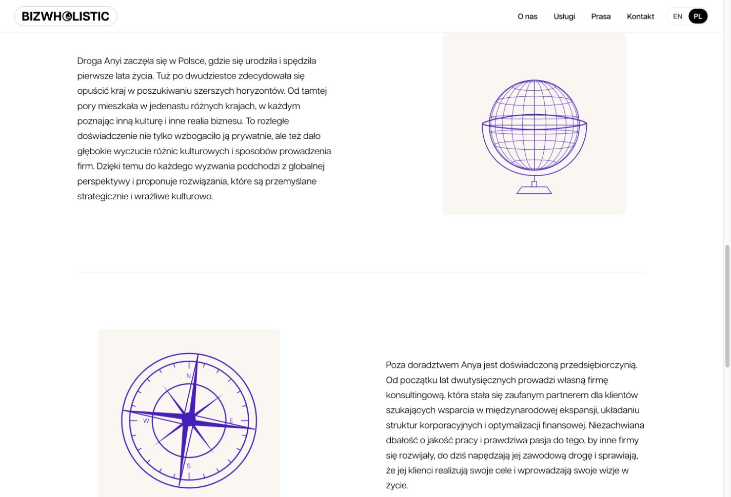 Polish Bizwholistic About page showing the globe and compass illustrations at the matching page position.