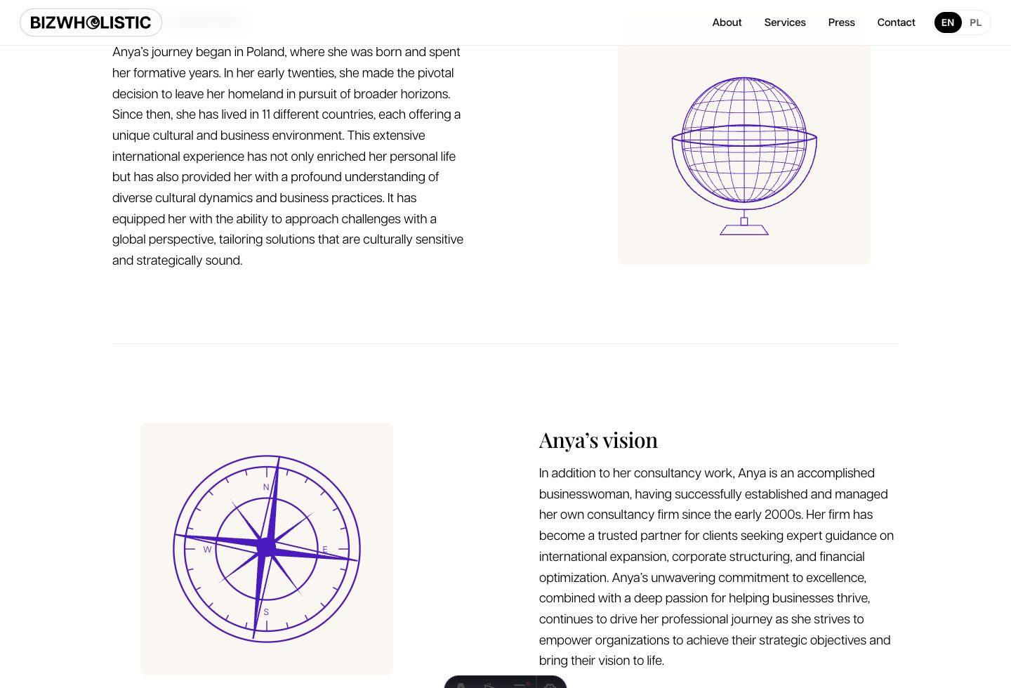 Bizwholistic About page screenshot showing handcrafted globe and compass SVG illustrations.