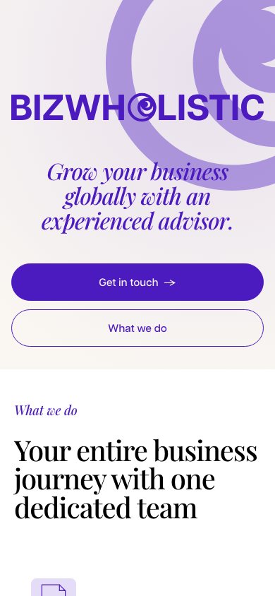 Bizwholistic mobile screenshot showing the same website direction in a narrow viewport.