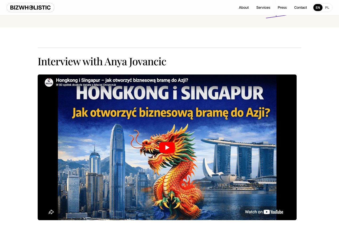 Bizwholistic press and interviews page screenshot showing interview content.