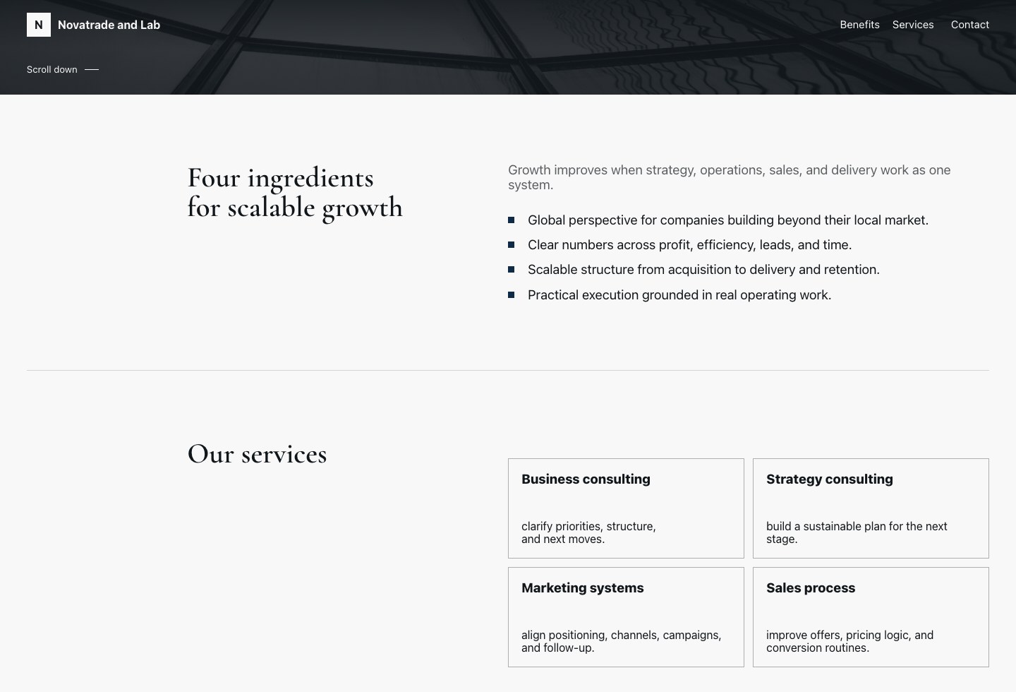 Novatrade and Lab page showing its growth principles and service categories.