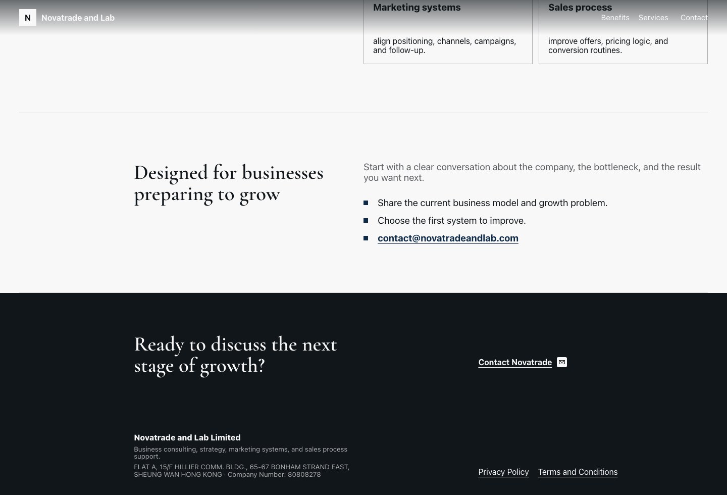 Novatrade and Lab page showing company details and its contact section.
