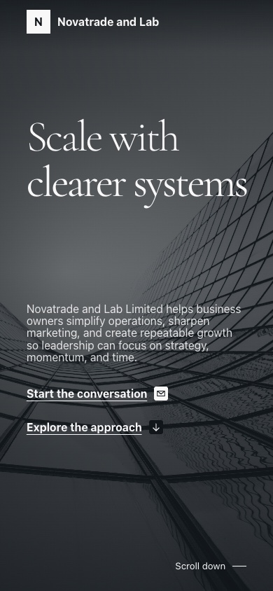 Novatrade and Lab mobile homepage showing its proposition and company presentation on a phone.