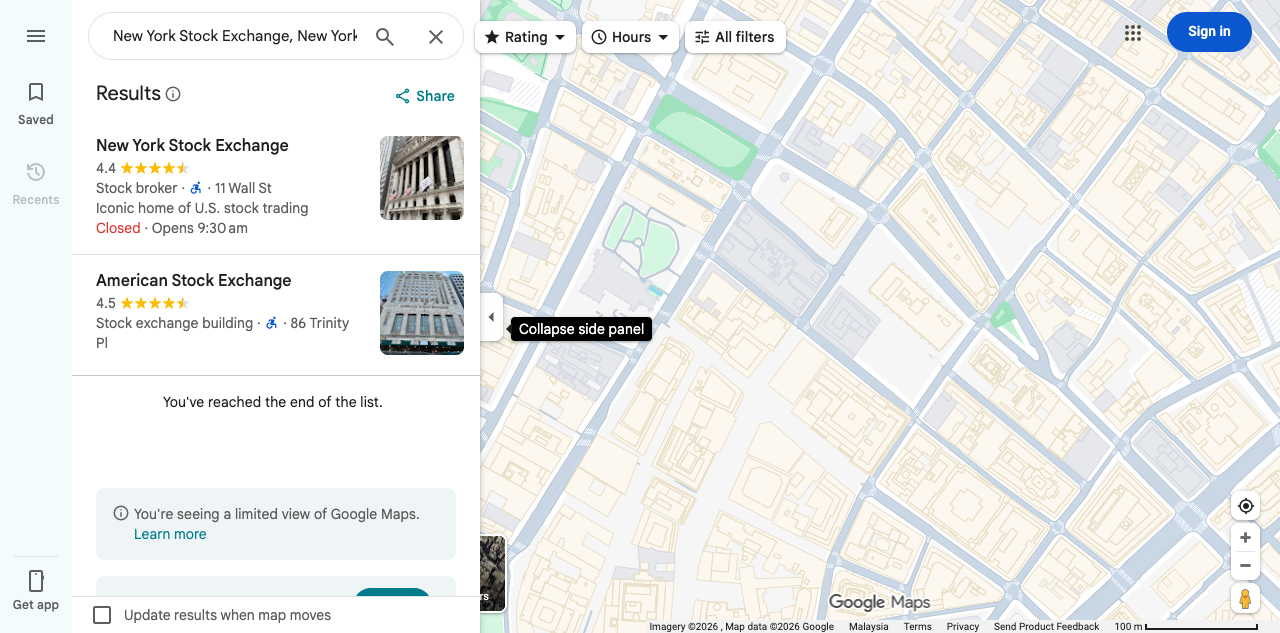 Google Maps screenshot centered on the New York Stock Exchange area for the fictional Verde Lunch Club demo location