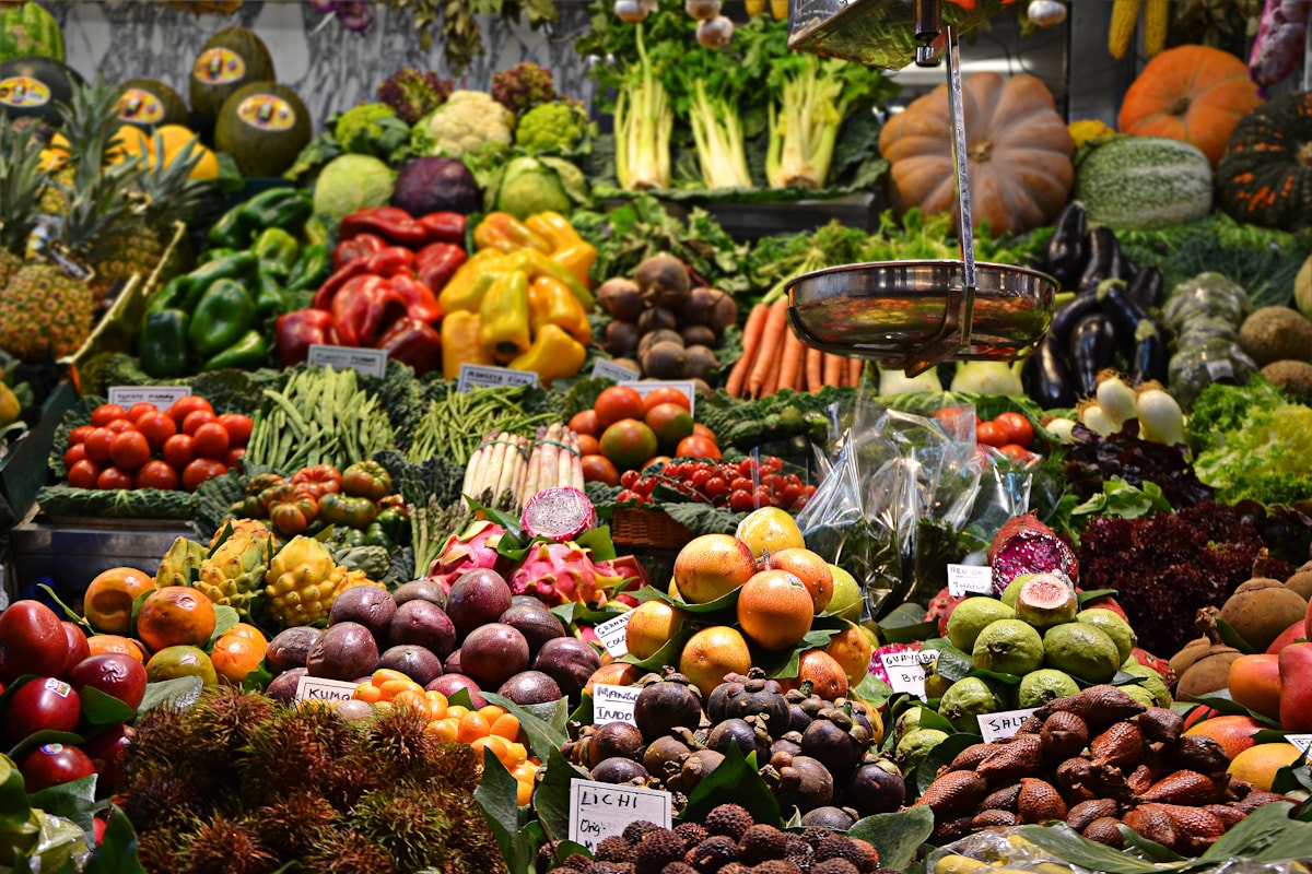 Fresh market produce arranged in crates for a seasonal lunch counter